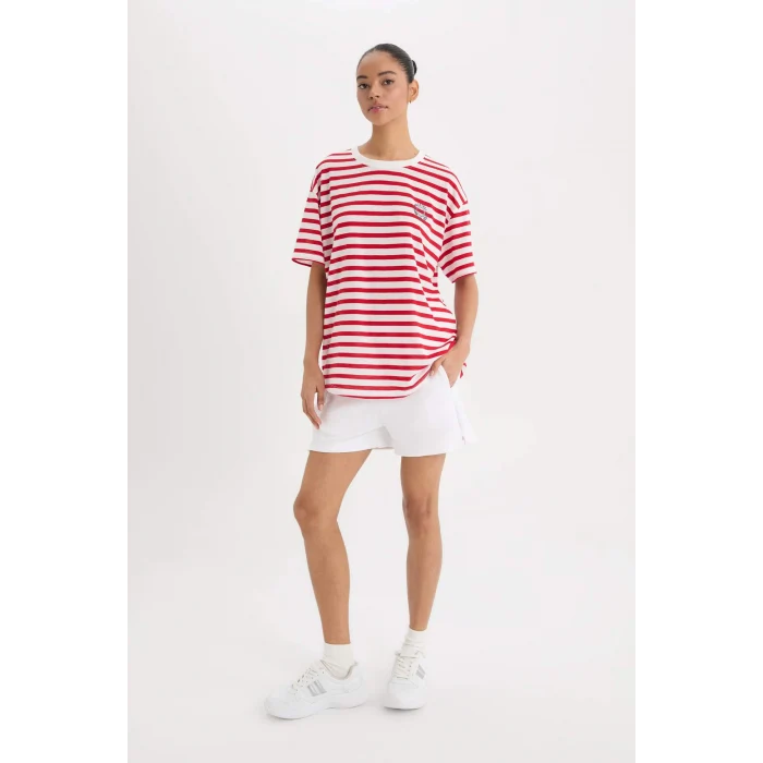 Defacto E2782 Beyaz 	DeFactoFit Oversize Geniş Kalıp Bisiklet Yaka Çizgili Baskılı Sporcu Kısa Kollu Tişört