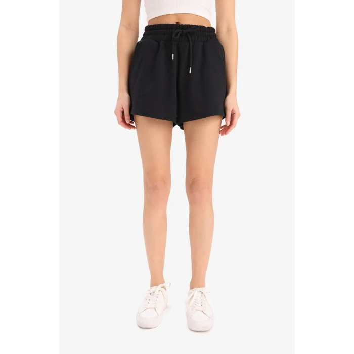 Defacto E9686 Siyah Relax Fit Esnek Belli Bağcıklı Bermuda Şort