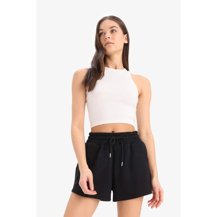 Defacto E9686 Siyah Relax Fit Esnek Belli Bağcıklı Bermuda Şort