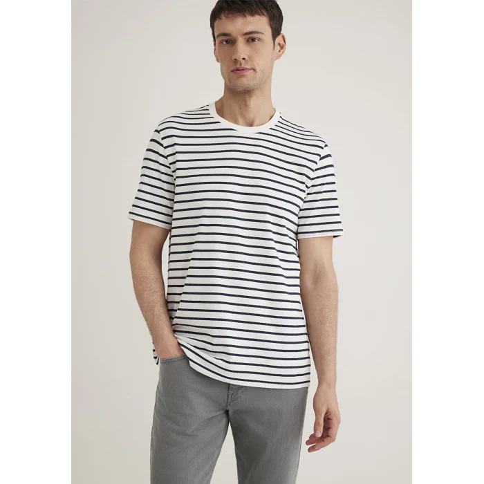 Mavi 0612235-87822 Lacivert Çizgili Beyaz Tişört