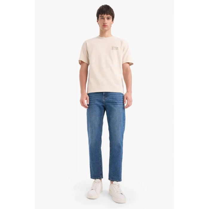 Defacto D7075 Bej %100 Pamuk Pietro Santi Bartol Boxy Fit Bisiklet Yaka Sırt Baskılı Kısa Kollu Tişört