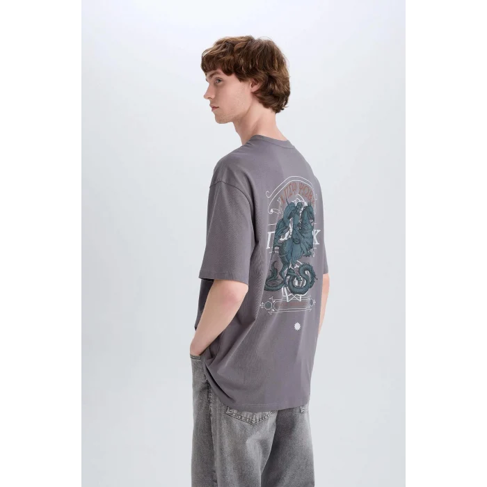 Defacto E4541 Gri %100 Pamuk Boxy Fit Bisiklet Yaka Sırt Baskılı Kısa Kollu Tişört