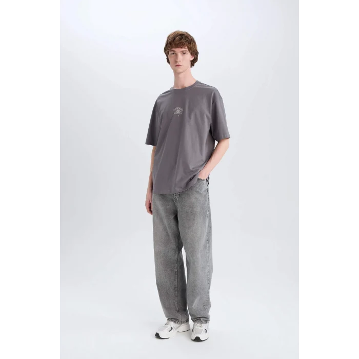 Defacto E4541 Gri %100 Pamuk Boxy Fit Bisiklet Yaka Sırt Baskılı Kısa Kollu Tişört