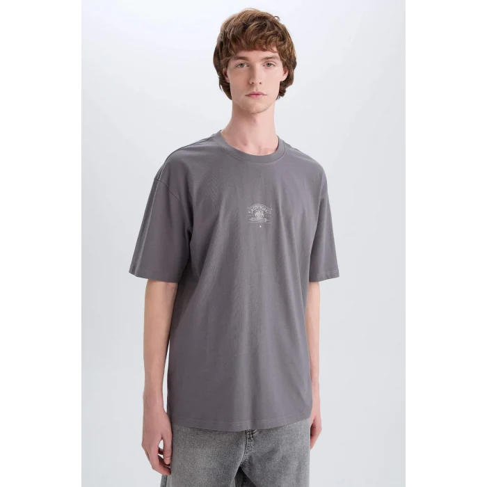 Defacto E4541 Gri %100 Pamuk Boxy Fit Bisiklet Yaka Sırt Baskılı Kısa Kollu Tişört