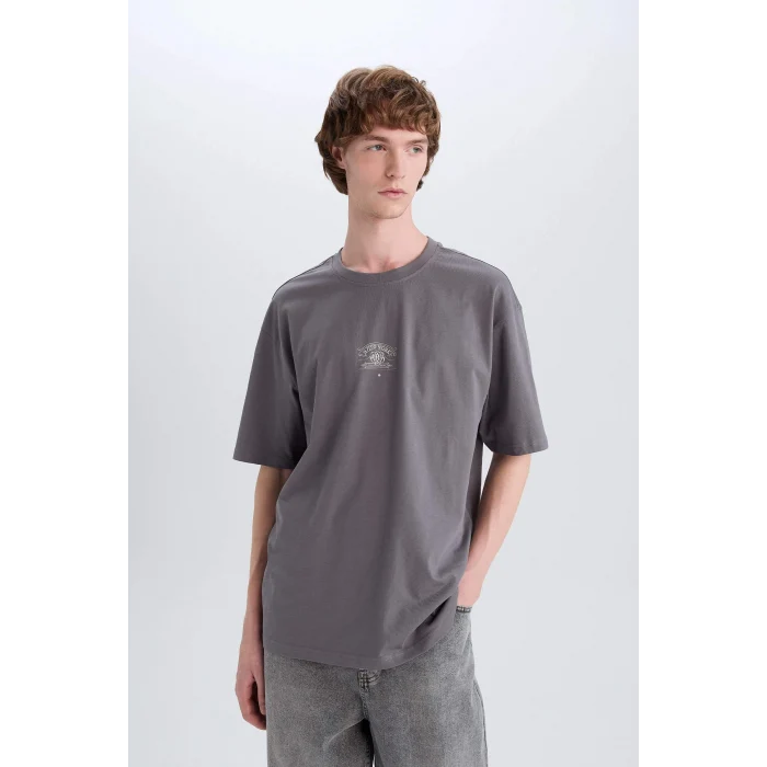 Defacto E4541 Gri %100 Pamuk Boxy Fit Bisiklet Yaka Sırt Baskılı Kısa Kollu Tişört