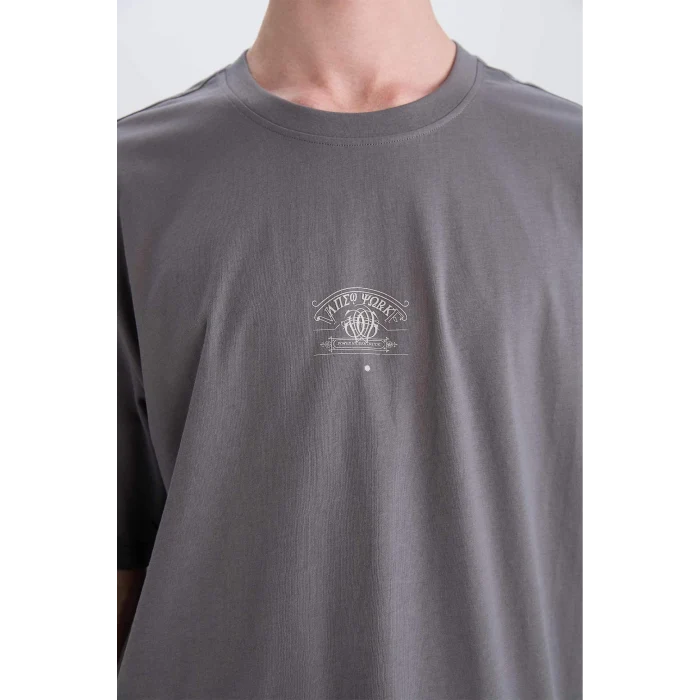 Defacto E4541 Gri %100 Pamuk Boxy Fit Bisiklet Yaka Sırt Baskılı Kısa Kollu Tişört