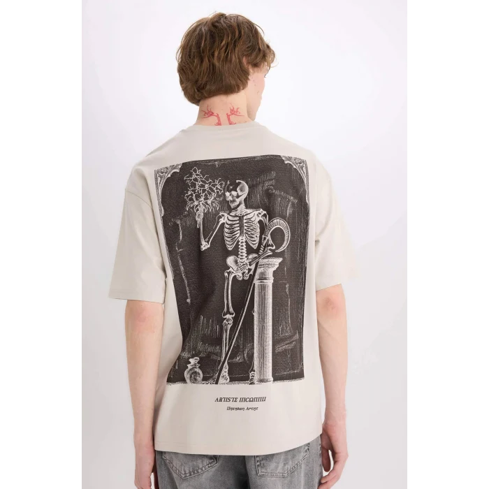 Defacto E4546 Bej %100 Pamuk Boxy Fit Bisiklet Yaka Sırt Baskılı Kısa Kollu Tişört