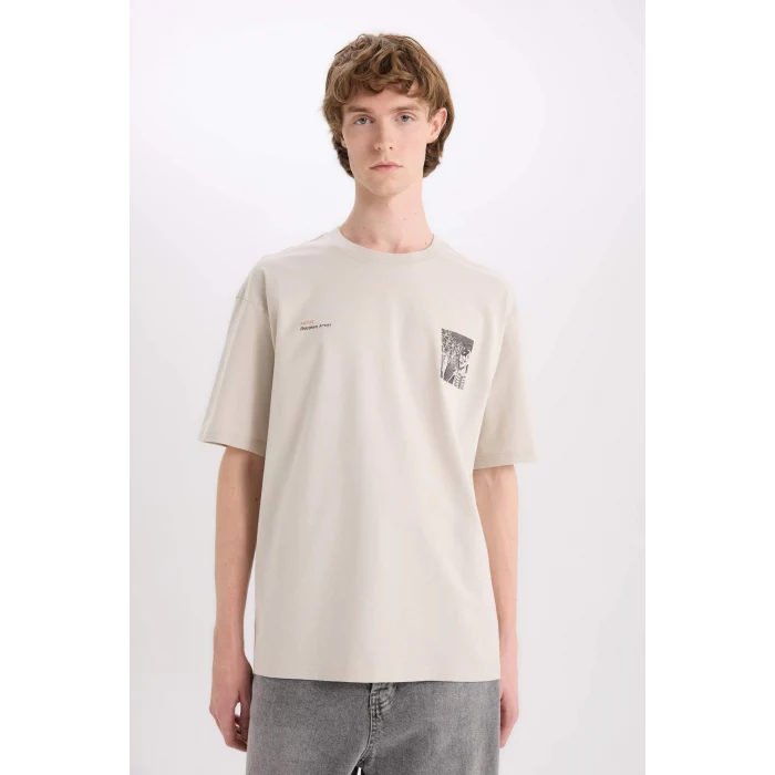 Defacto E4546 Bej %100 Pamuk Boxy Fit Bisiklet Yaka Sırt Baskılı Kısa Kollu Tişört