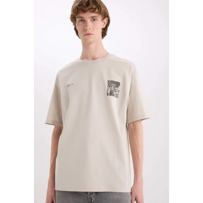 Defacto E4546 Bej %100 Pamuk Boxy Fit Bisiklet Yaka Sırt Baskılı Kısa Kollu Tişört