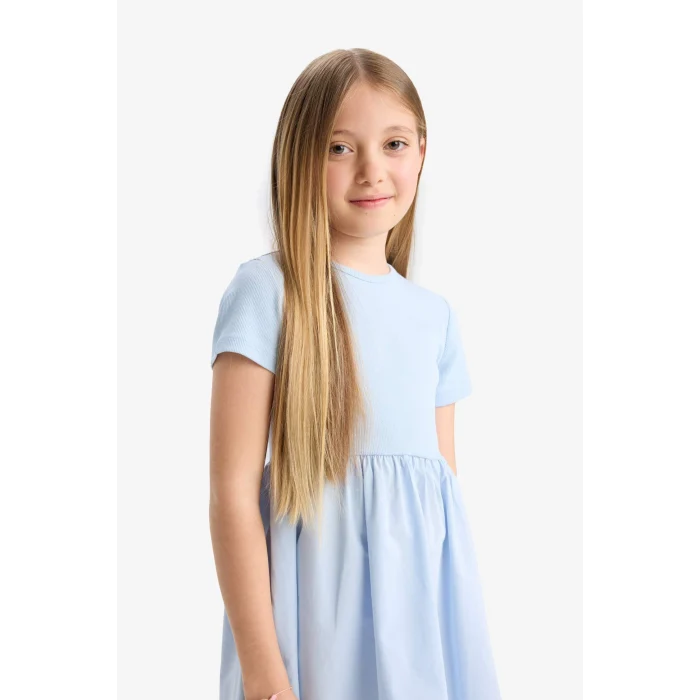 Defacto E3839 Mavi Kız Çocuk Bisiklet Yaka Fitilli Kaşkorse Kısa Kollu Elbise