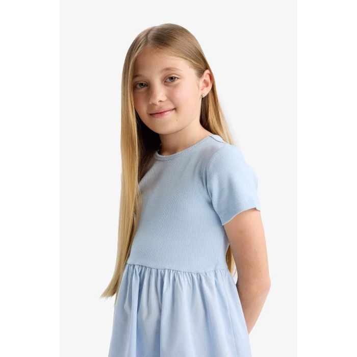 Defacto E3839 Mavi Kız Çocuk Bisiklet Yaka Fitilli Kaşkorse Kısa Kollu Elbise