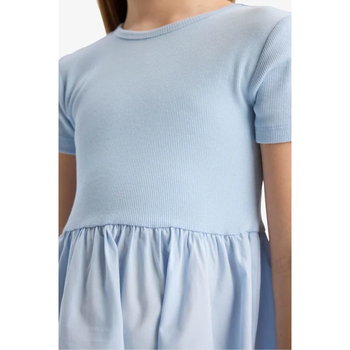Defacto E3839 Mavi Kız Çocuk Bisiklet Yaka Fitilli Kaşkorse Kısa Kollu Elbise