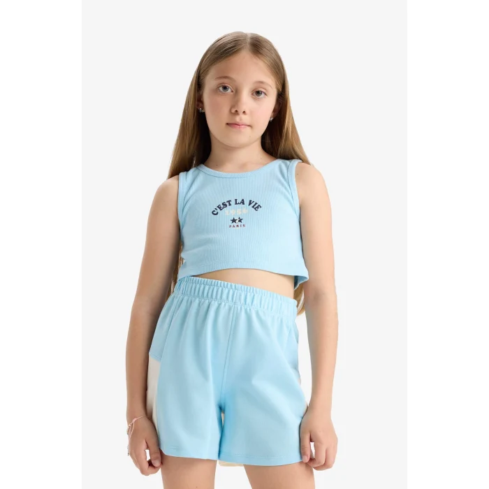 Defacto E4758 Turkuaz Kız Çocuk 2li Takım Baskılı Kolsuz Tişört Şort