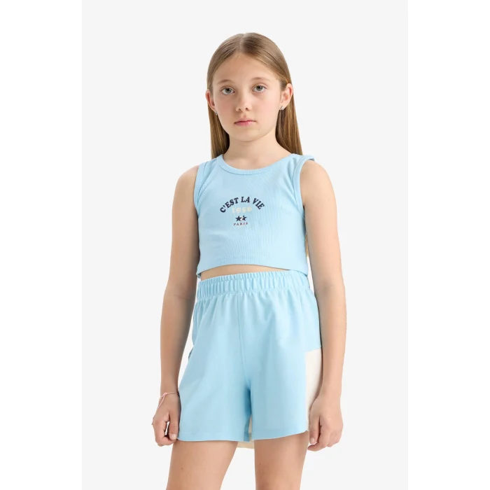 Defacto E4758 Turkuaz Kız Çocuk 2li Takım Baskılı Kolsuz Tişört Şort