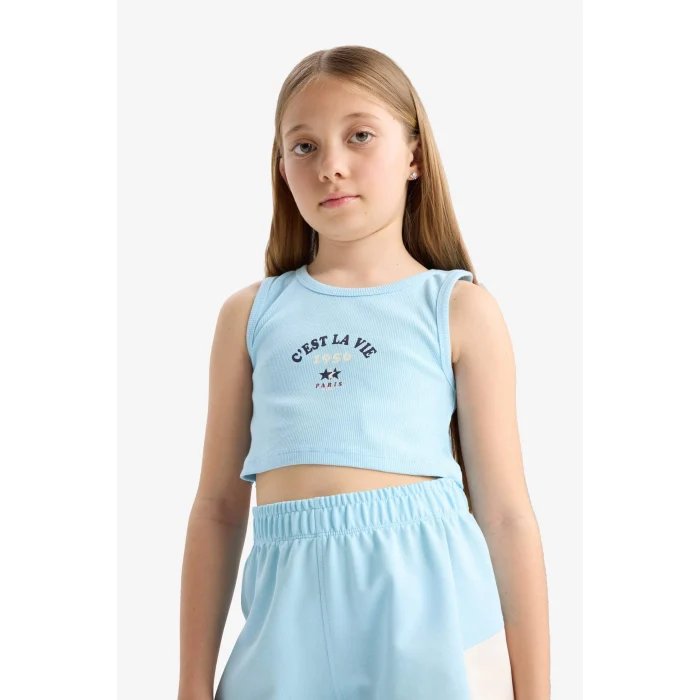 Defacto E4758 Turkuaz Kız Çocuk 2li Takım Baskılı Kolsuz Tişört Şort