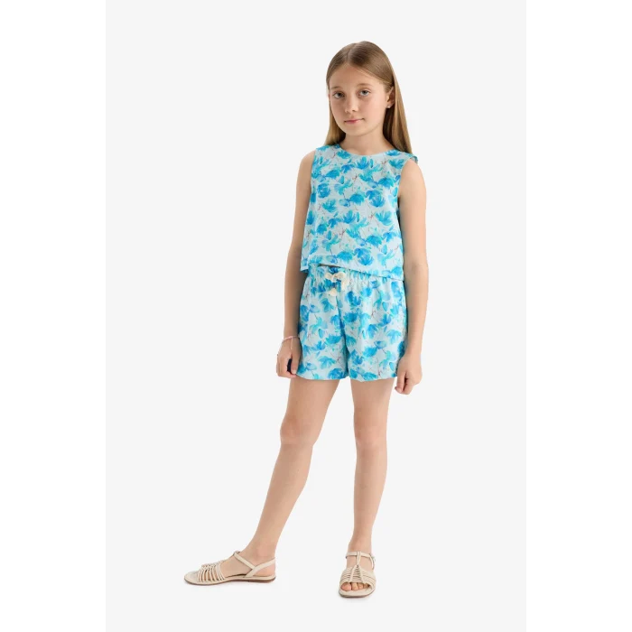 Defacto D7615 Mavi Kız Çocuk Beli Lastikli Desenli Şort