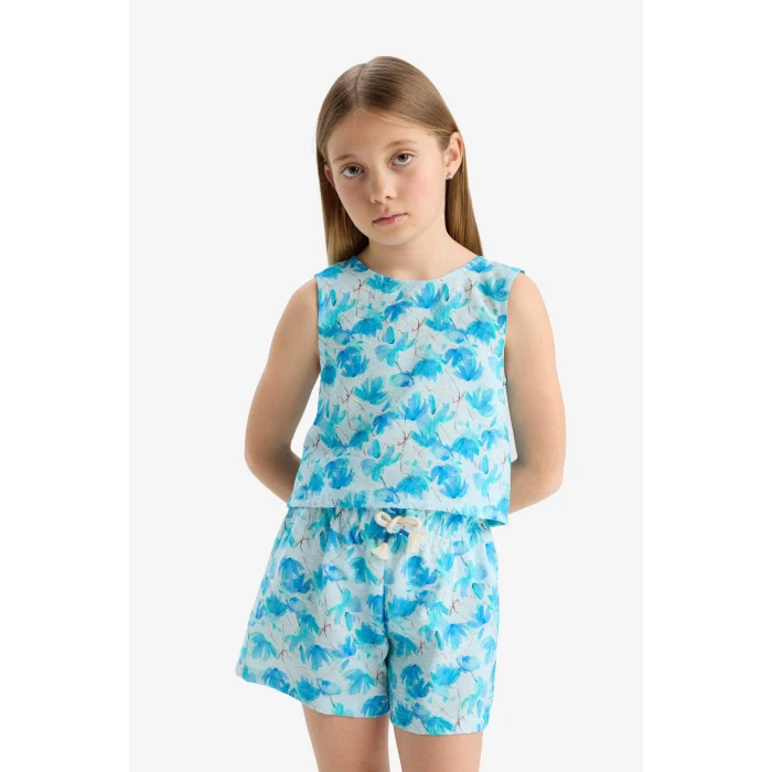 Defacto D7615 Mavi Kız Çocuk Beli Lastikli Desenli Şort