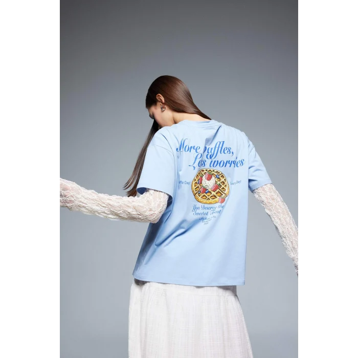 Defacto F2647 Mavi Coool Oversize Geniş Kalıp Bisiklet Yaka Sırt Baskılı Kısa Kollu Tişört