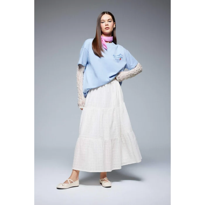 Defacto F2647 Mavi Coool Oversize Geniş Kalıp Bisiklet Yaka Sırt Baskılı Kısa Kollu Tişört