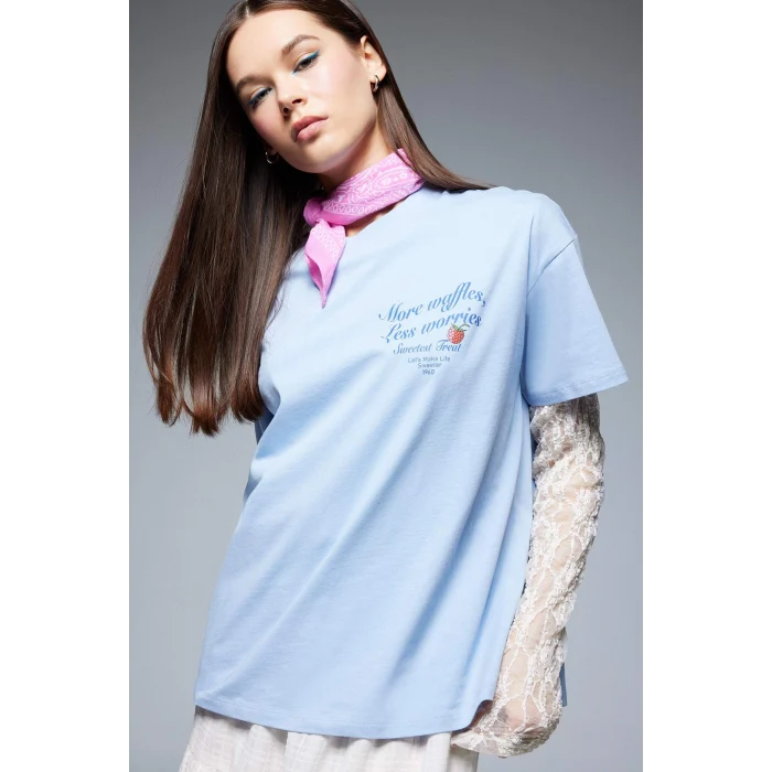 Defacto F2647 Mavi Coool Oversize Geniş Kalıp Bisiklet Yaka Sırt Baskılı Kısa Kollu Tişört