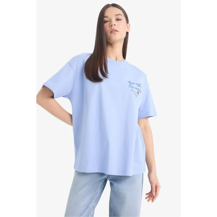 Defacto F2647 Mavi Coool Oversize Geniş Kalıp Bisiklet Yaka Sırt Baskılı Kısa Kollu Tişört