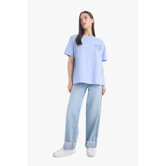 Defacto F2647 Mavi Coool Oversize Geniş Kalıp Bisiklet Yaka Sırt Baskılı Kısa Kollu Tişört