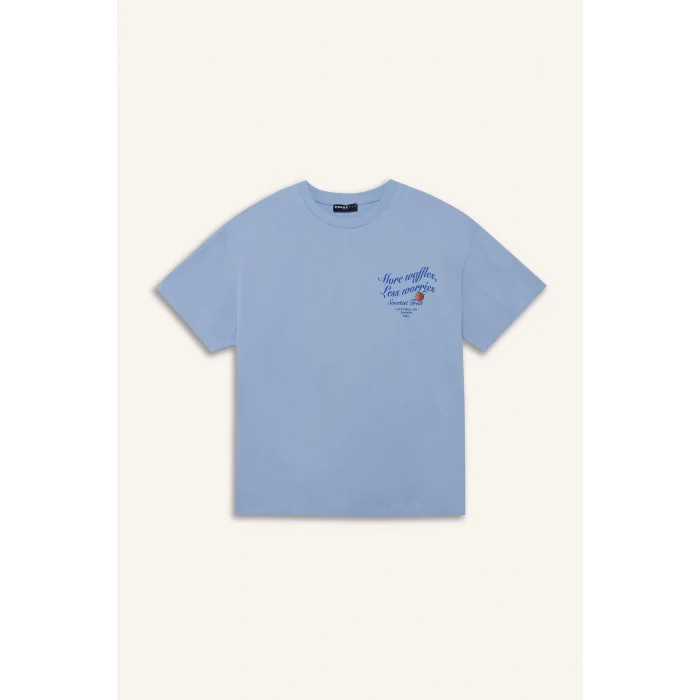 Defacto F2647 Mavi Coool Oversize Geniş Kalıp Bisiklet Yaka Sırt Baskılı Kısa Kollu Tişört