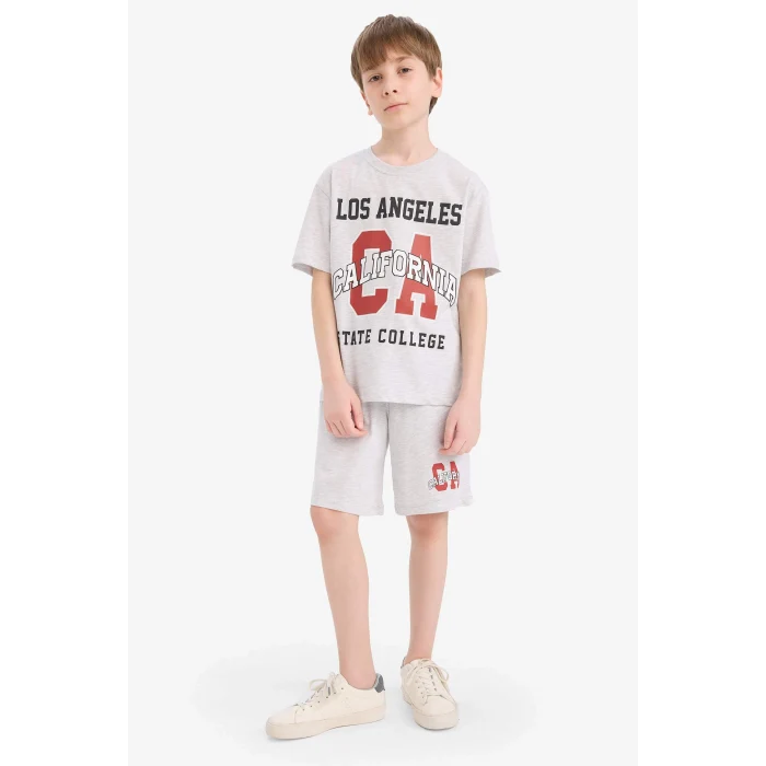 Defacto E3405 Gri Erkek Çocuk 2li Takım Baskılı Kısa Kollu Tişört Şort