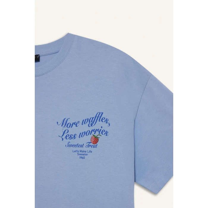 Defacto F2647 Mavi Coool Oversize Geniş Kalıp Bisiklet Yaka Sırt Baskılı Kısa Kollu Tişört