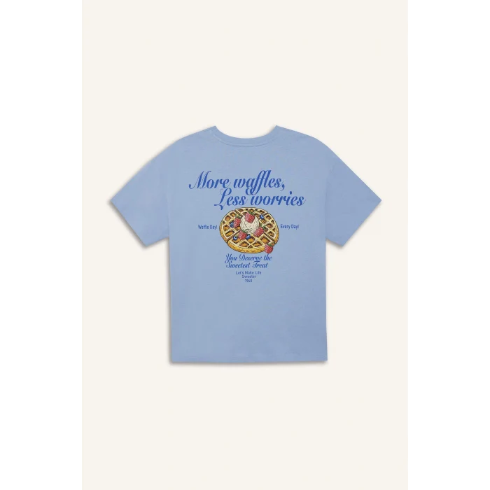 Defacto F2647 Mavi Coool Oversize Geniş Kalıp Bisiklet Yaka Sırt Baskılı Kısa Kollu Tişört