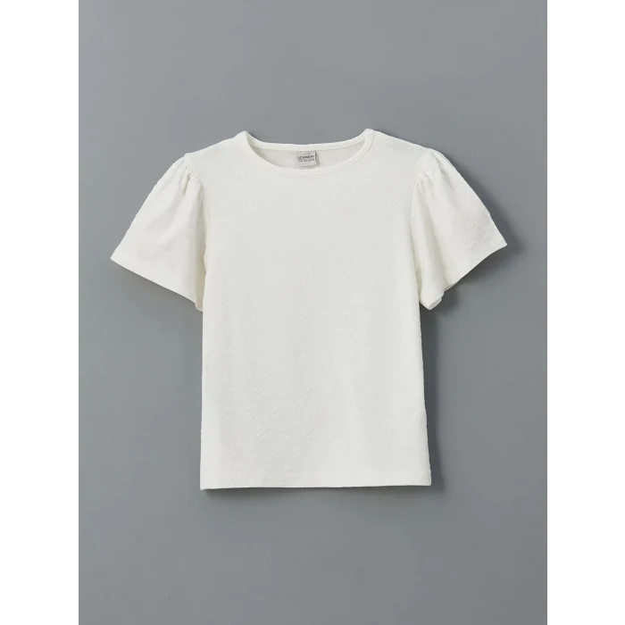 LCW Kids Ekru Bisiklet Yaka Dokulu Kız Çocuk Tişört