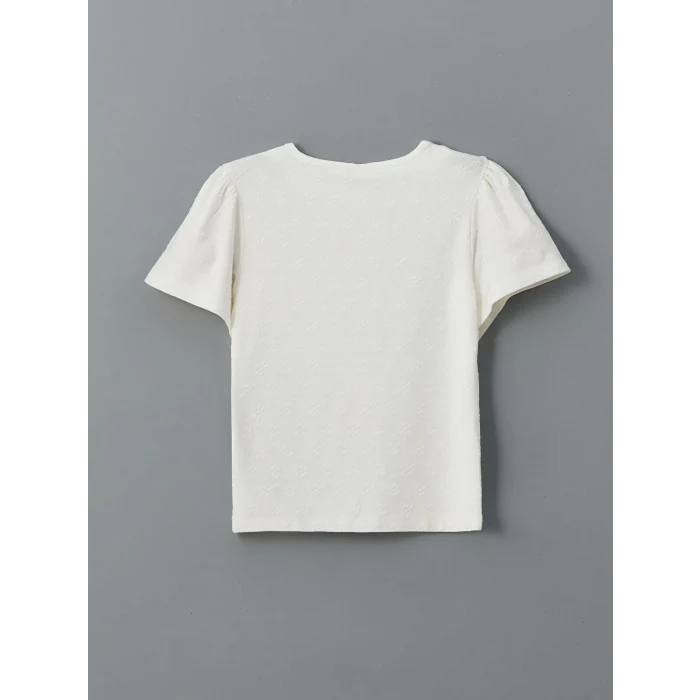 LCW Kids Ekru Bisiklet Yaka Dokulu Kız Çocuk Tişört