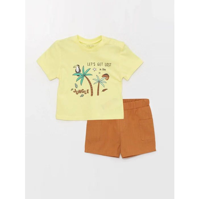 LCW baby Sari Bisiklet Kısa Kısa Kollu Baskılı Erkek Bebek Tişört ve Şort 2li Takım