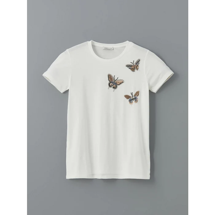LCWAIKIKI Classic Ekru Bisiklet Yaka Kelebek İşlemeli Kadın Tişört