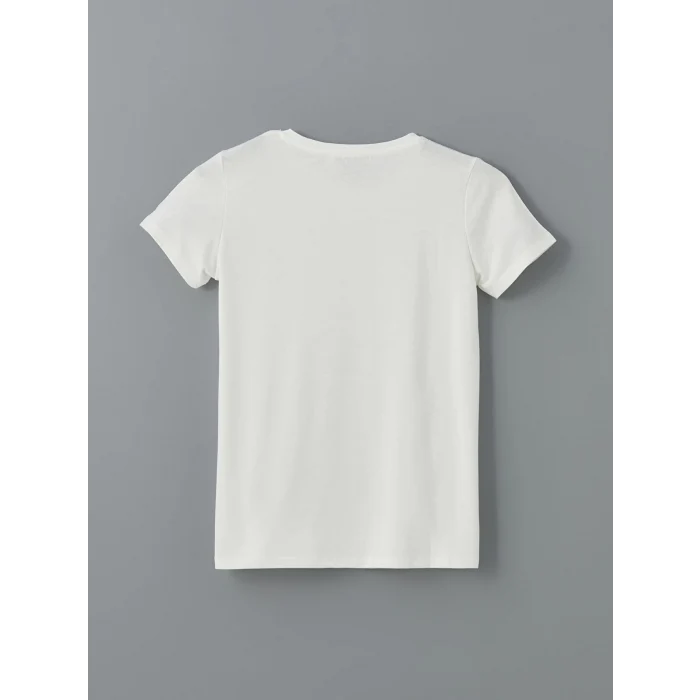 LCWAIKIKI Classic Ekru Bisiklet Yaka Kelebek İşlemeli Kadın Tişört