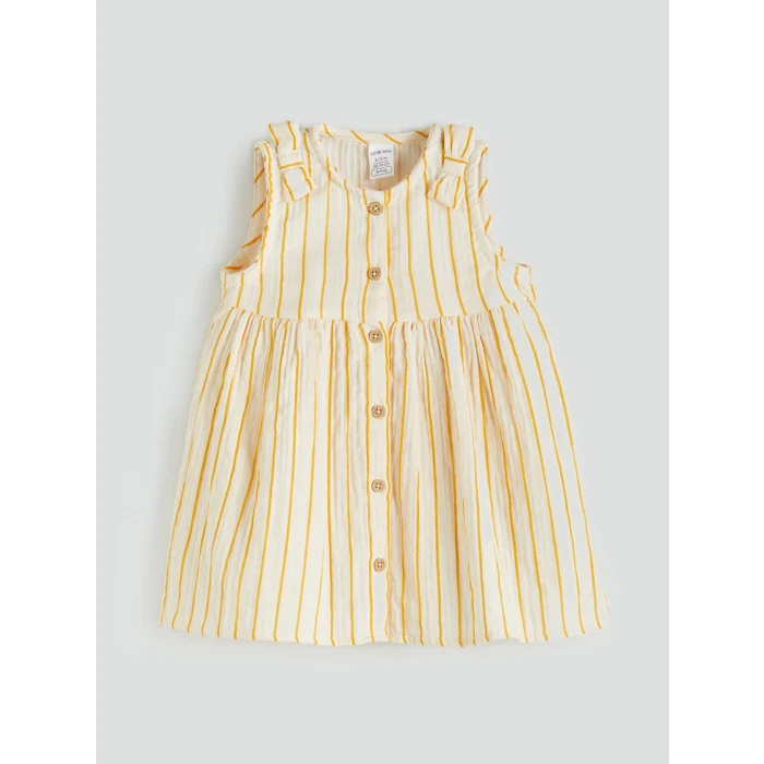 LCW baby Ekru Çizgili Kız Bebek Müslin Elbise