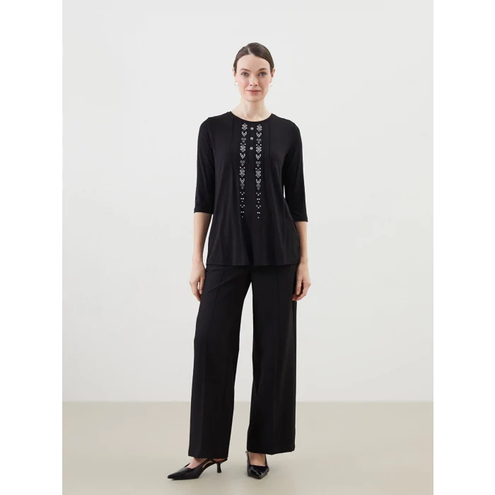 LCW Grace Siyah Bisiklet Yaka Desenli Kadın Bluz