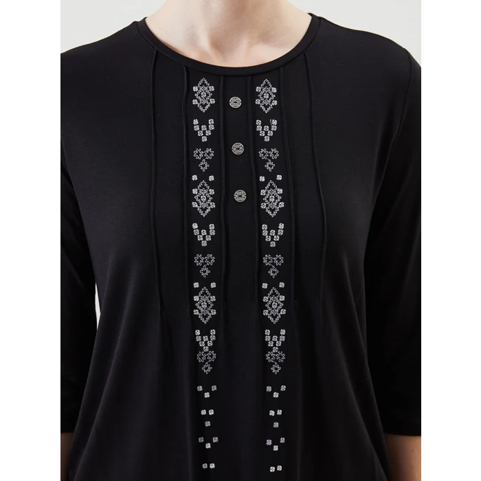 LCW Grace Siyah Bisiklet Yaka Desenli Kadın Bluz