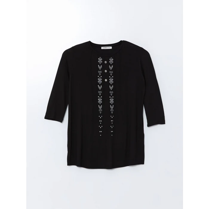 LCW Grace Siyah Bisiklet Yaka Desenli Kadın Bluz