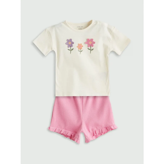 LCW baby Bej Bisiklet Yaka Çiçekli Kız Bebek Bluz ve Şort 2li