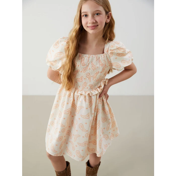LCW Kids Bej Kare Yaka Kız Çocuk Elbise