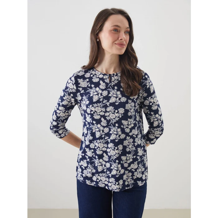 LCW Grace Lacivert Bisiklet Yaka Çiçekli Kadın Bluz