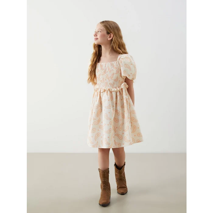 LCW Kids Bej Kare Yaka Kız Çocuk Elbise