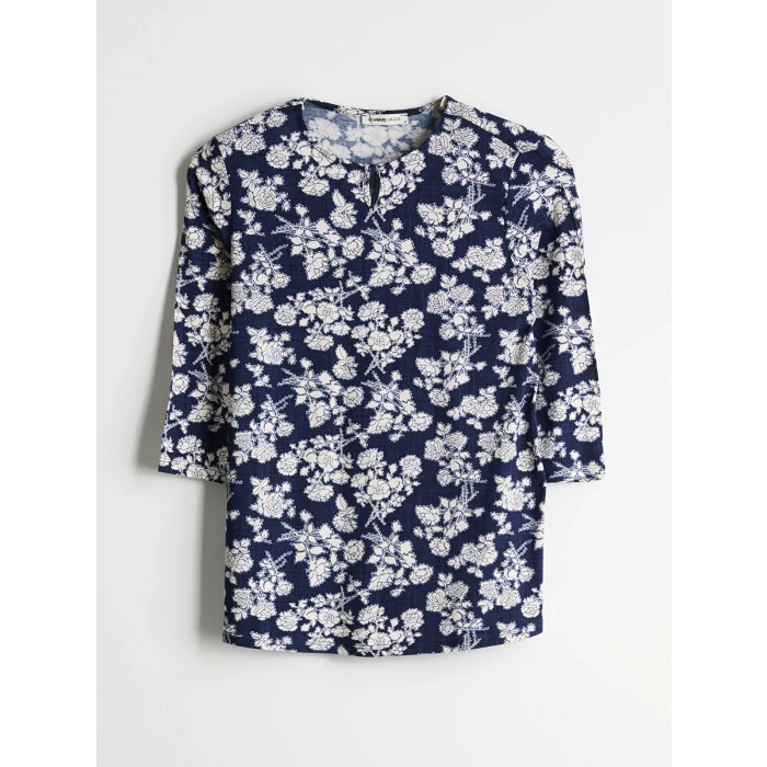 LCW Grace Lacivert Bisiklet Yaka Çiçekli Kadın Bluz