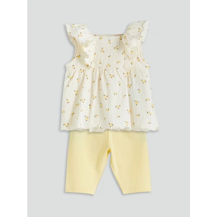 LCW baby Ekru Çiçekli Kız Bebek Bluz ve Tayt 2li