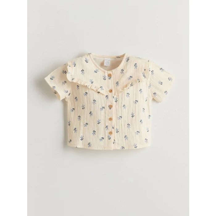 LCW baby Bej Fırfırlı Çiçekli Kız Bebek Bluz ve Pantolon 2li