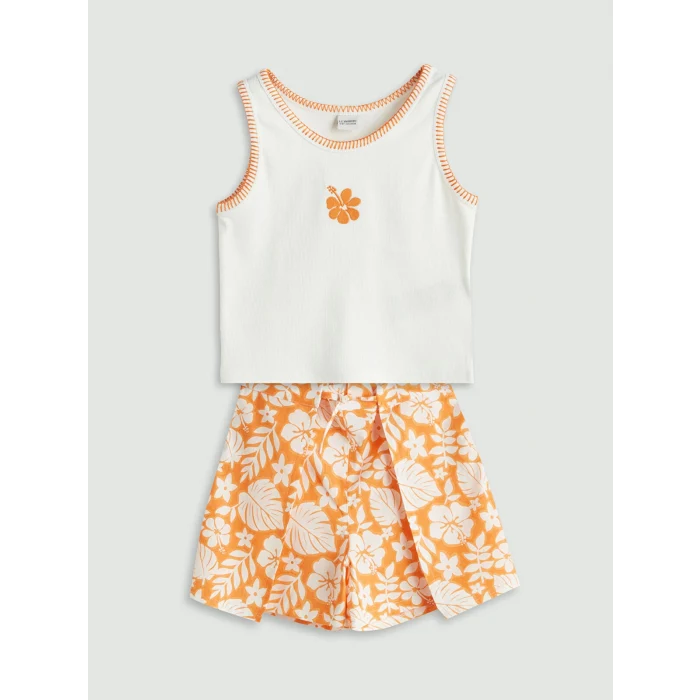 LCW Kids Ekru Bisiklet Yaka Çiçekli Kız Çocuk Atlet ve Şort Etek