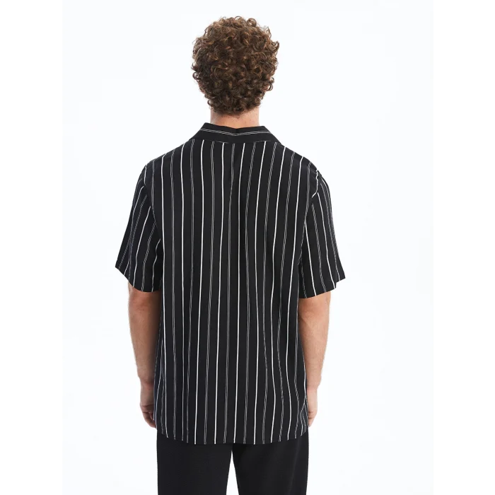 XSIDE Siyah Regular Fit Kısa Kollu Çizgili Viskon Erkek Gömlek