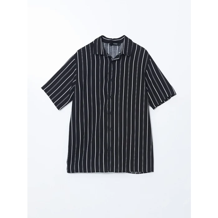XSIDE Siyah Regular Fit Kısa Kollu Çizgili Viskon Erkek Gömlek