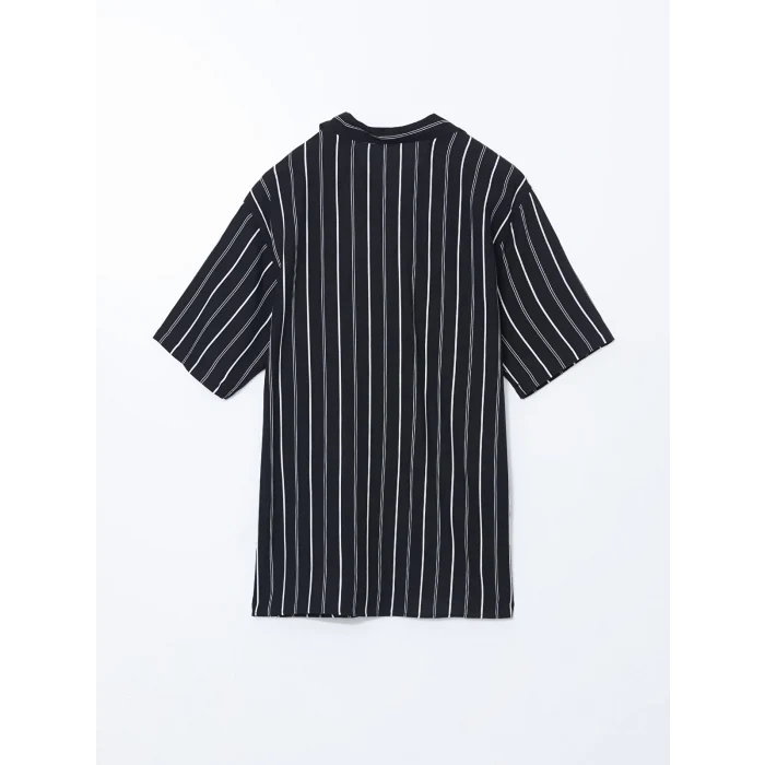XSIDE Siyah Regular Fit Kısa Kollu Çizgili Viskon Erkek Gömlek